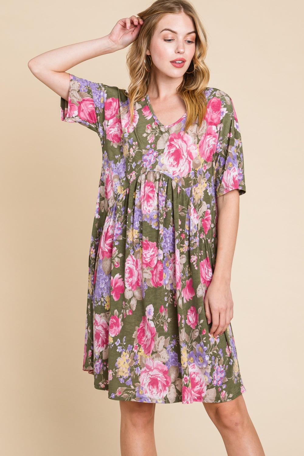 BOMBOM Flower Print V-Neck Ruched Dress BOMBOM Flower Print V-Neck Ruched Dress - TopFashionHQ