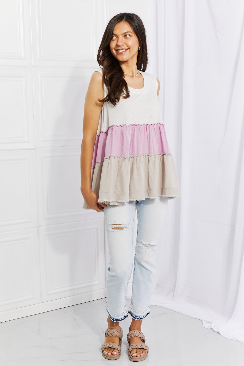 White Birch Full Size Watching the Sunset Color Block Babydoll Top White Birch Full Size Watching the Sunset Color Block Babydoll Top - TopFashionHQ