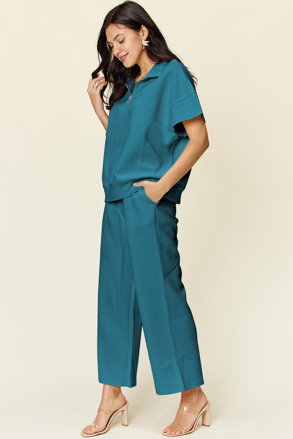 Double Take Full Size Texture Half Zip Short Sleeve Top and Pants Set Double Take Full Size Texture Half Zip Short Sleeve Top and Pants Set
