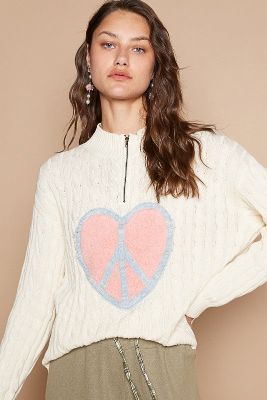 POL Cable-Knit Peace Patch Dropped Shoulder Sweater POL Cable-Knit Peace Patch Dropped Shoulder Sweater - TopFashionHQ