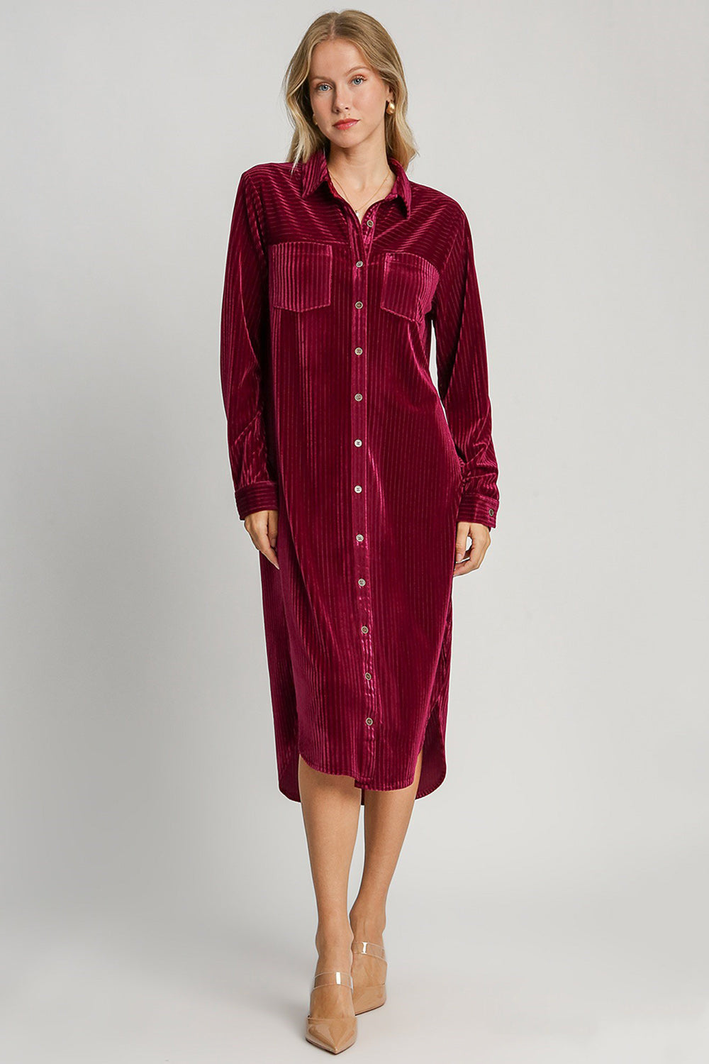 Umgee Texture Curved Hem Button Down Shirt Dress Umgee Texture Curved Hem Button Down Shirt Dress - TopFashionHQ
