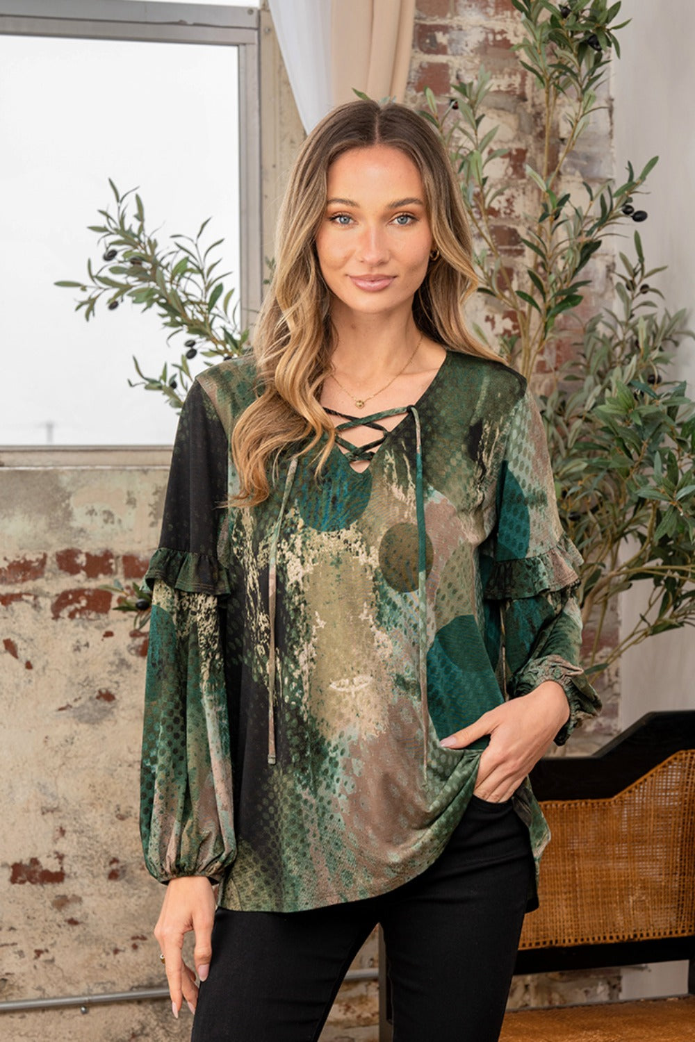 Sew In Love Full Size Snakeskin Print Long Sleeve Top with Ruffle Sew In Love Full Size Snakeskin Print Long Sleeve Top with Ruffle - TopFashionHQ