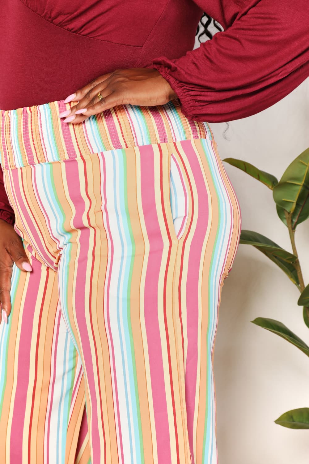 Double Take Striped Smocked Waist Pants with Pockets Double Take Striped Smocked Waist Pants with Pockets - TopFashionHQ