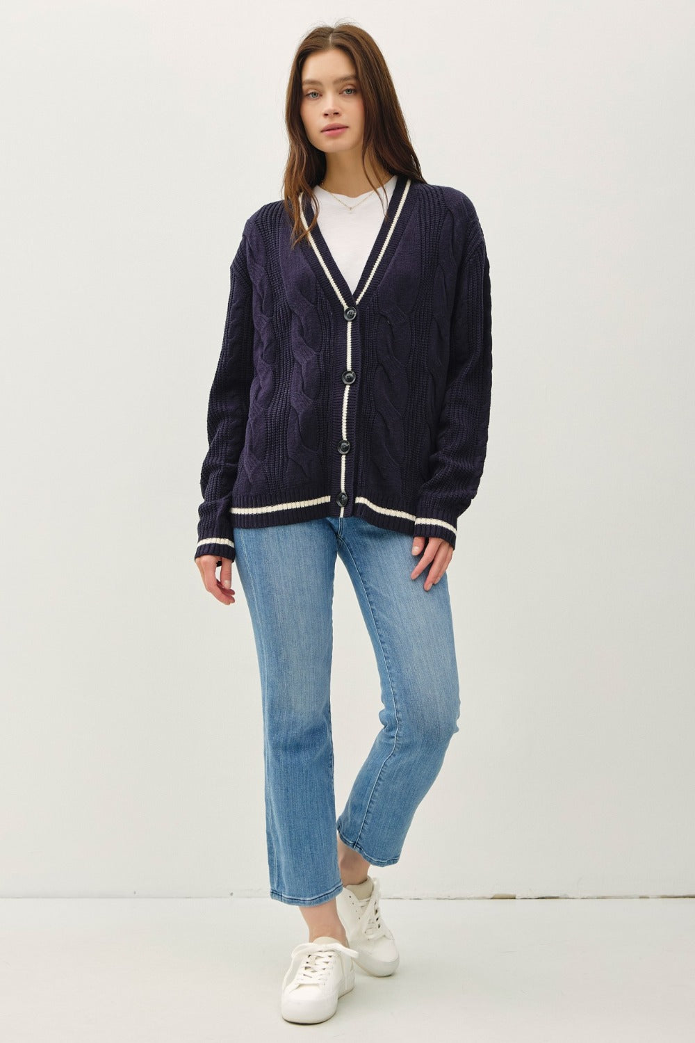 Be Cool Contrast Trim Cable-Knit V-Neck Cardigan Be Cool Contrast Trim Cable-Knit V-Neck Cardigan