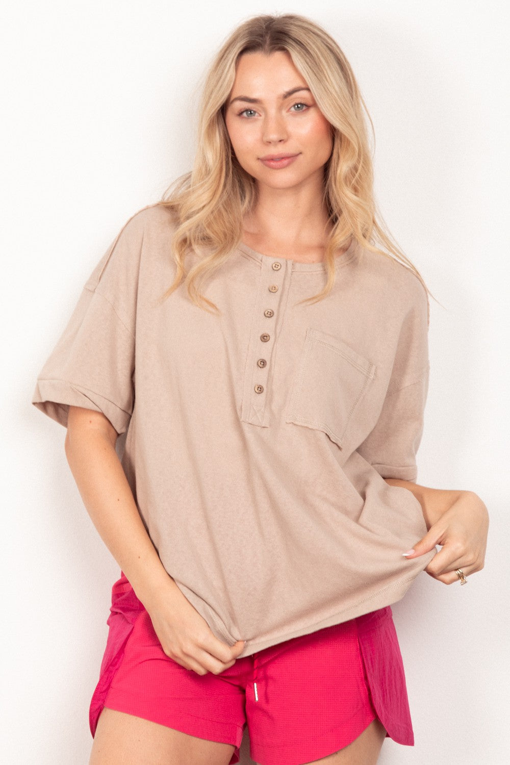 VERY J Twisted Sleeve Band Half Button Top VERY J Twisted Sleeve Band Half Button Top - TopFashionHQ