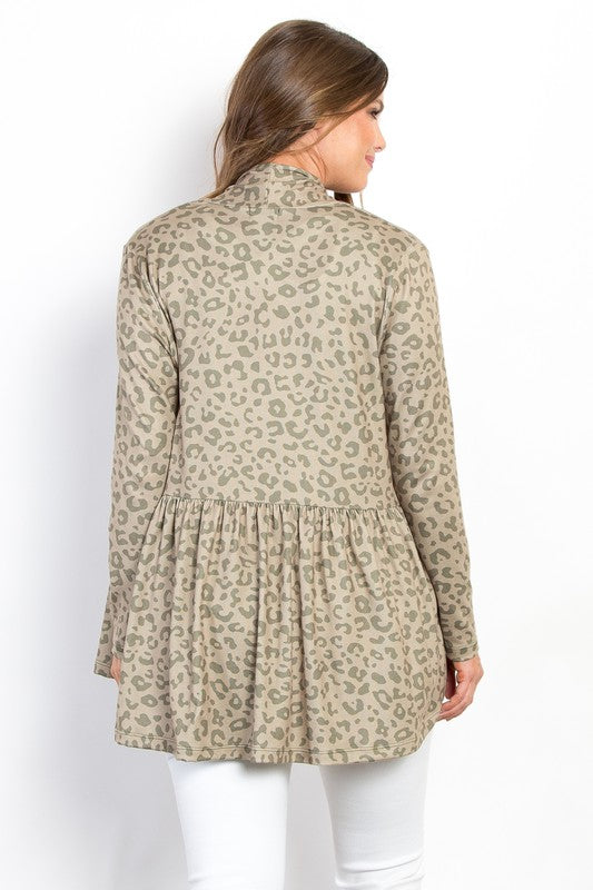 Be Stage Full Size Peplum Leopard Open Front Long Sleeve Cardigan Be Stage Full Size Peplum Leopard Open Front Long Sleeve Cardigan - TopFashionHQ