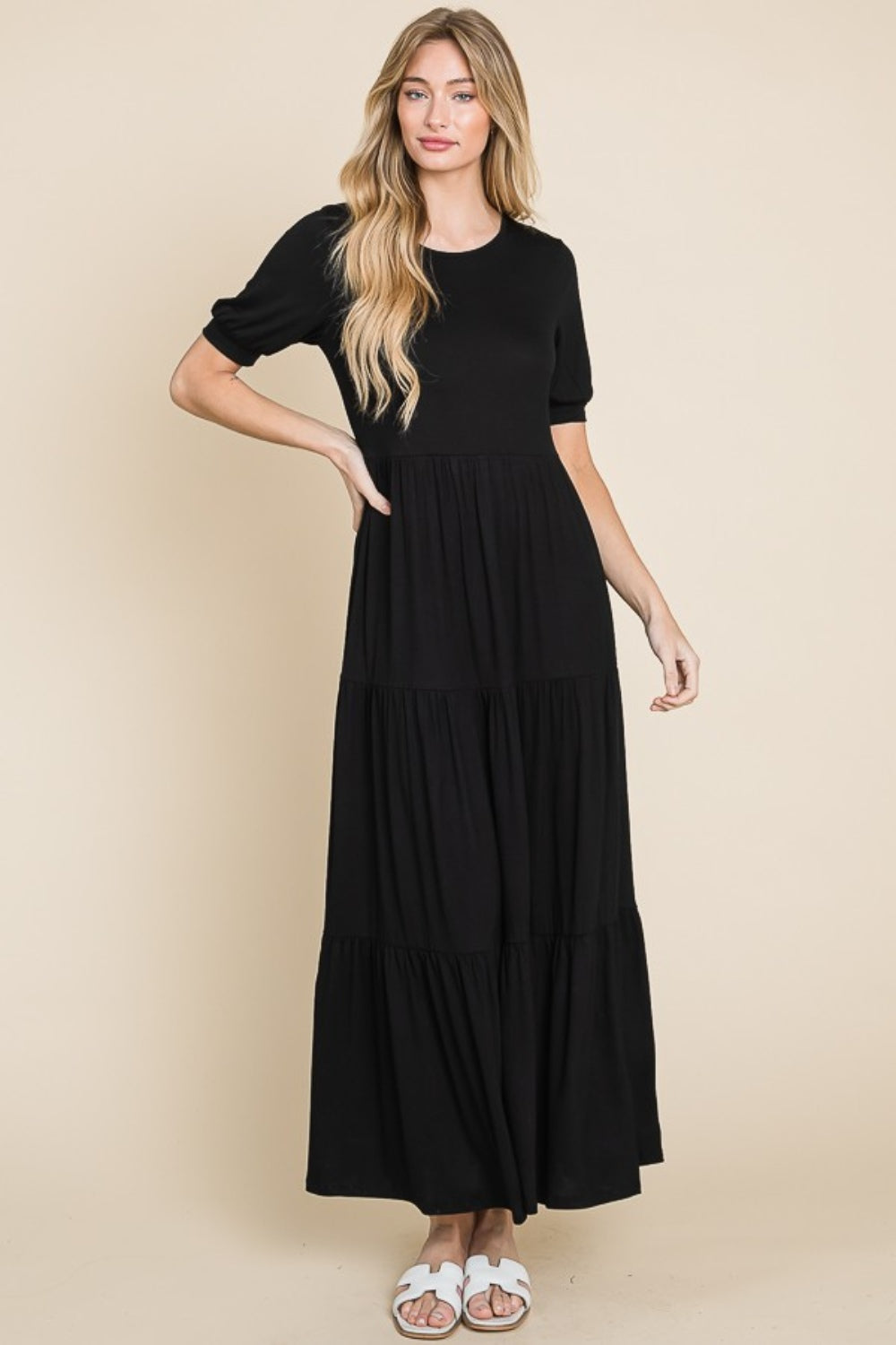BOMBOM Short Sleeve Tiered Maxi Dress BOMBOM Short Sleeve Tiered Maxi Dress - TopFashionHQ