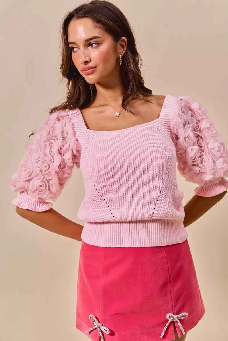 SO ME Rosette Sleeves Square Neck Sweater Knit Top SO ME Rosette Sleeves Square Neck Sweater Knit Top