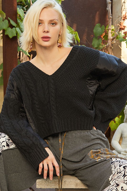 POL Cable Knit Quilting Patch V-Neck Sweater POL Cable Knit Quilting Patch V-Neck Sweater - TopFashionHQ