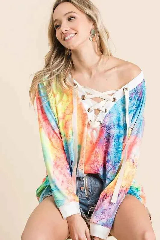BiBi Tie Dye Deep V-neck Top With Lace Up Front BiBi Tie Dye Deep V-neck Top With Lace Up Front
