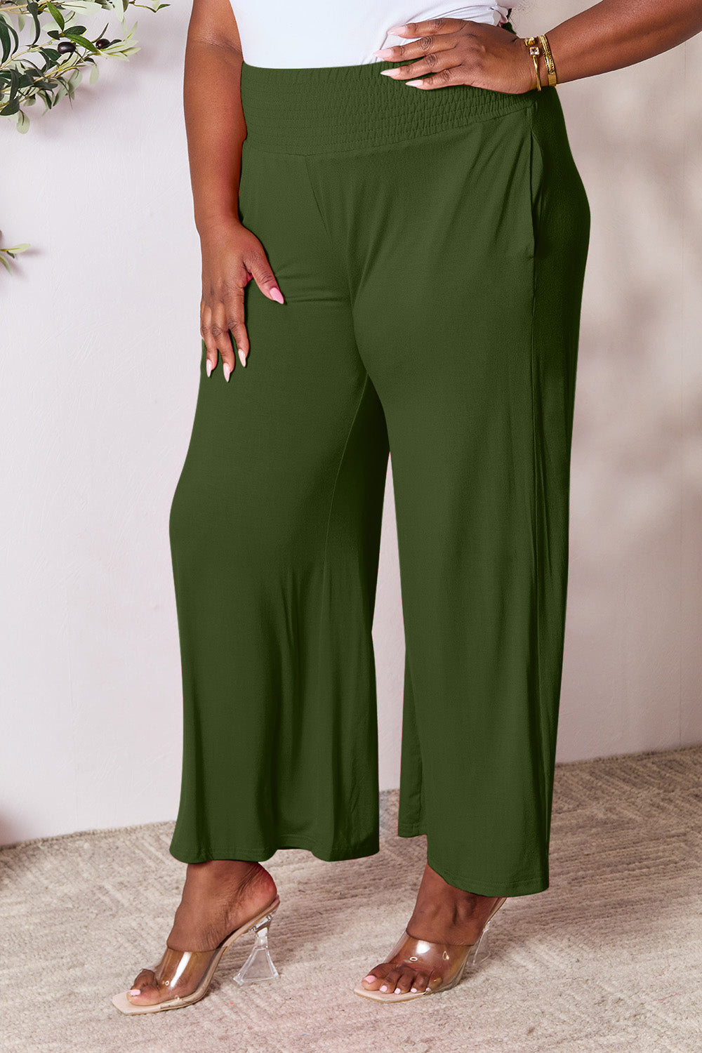 Double Take Full Size Smocked Wide Waistband Wide Leg Pants Double Take Full Size Smocked Wide Waistband Wide Leg Pants - TopFashionHQ