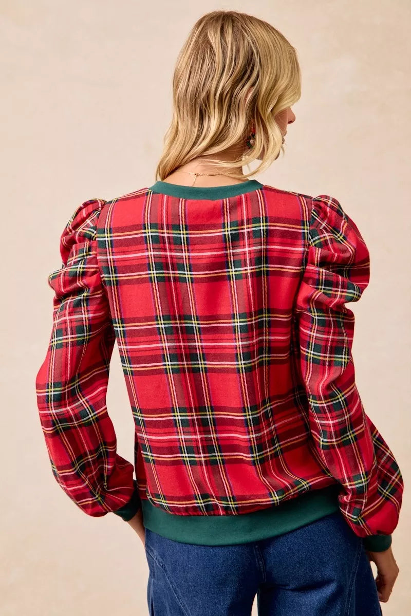 BiBi Christmas Plaid Exaggerated Shoulder Sleeves Top e70c4c6de81a4a929bc5d3771dea248d-Max-Origin