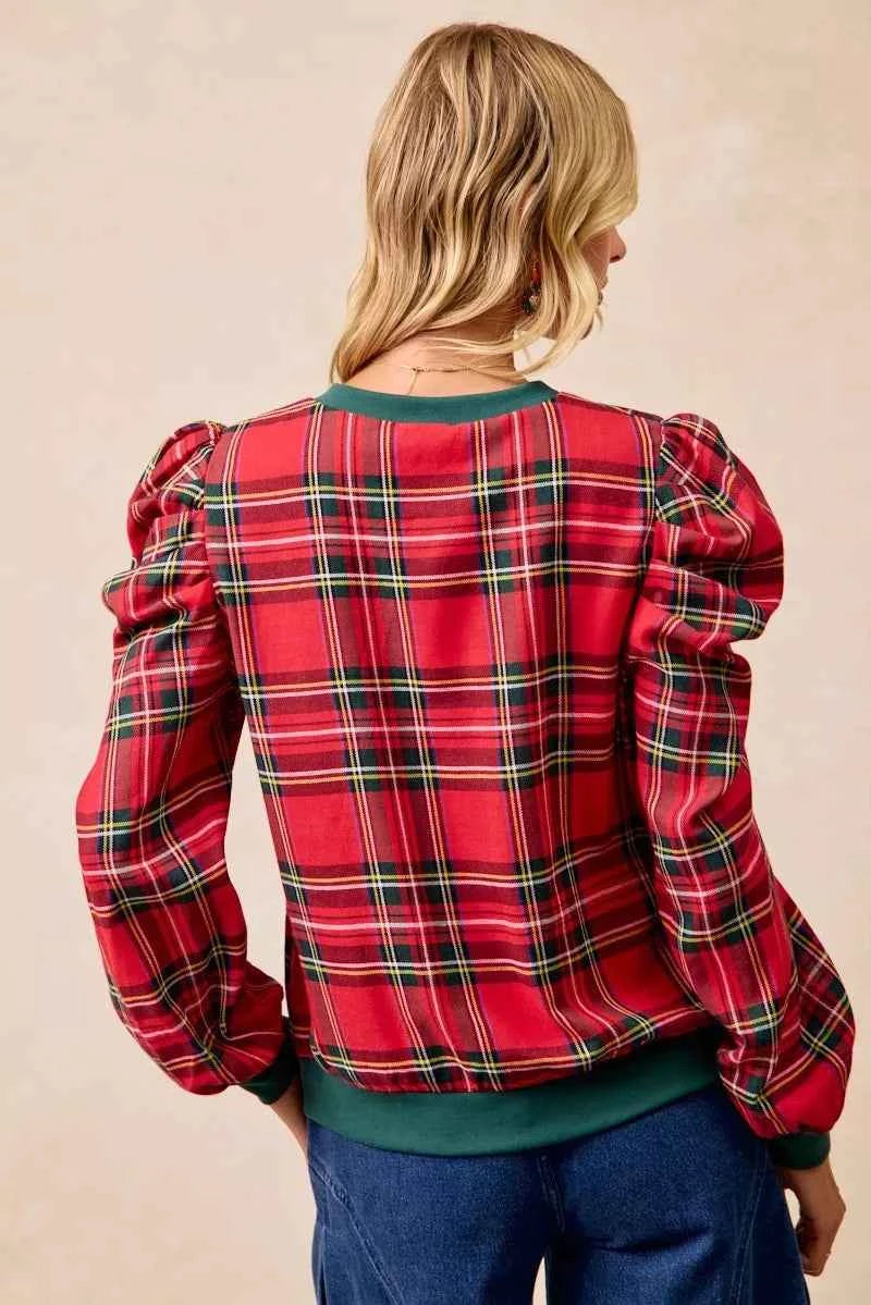 BiBi Christmas Plaid Exaggerated Shoulder Sleeves Top BiBi Christmas Plaid Exaggerated Shoulder Sleeves Top