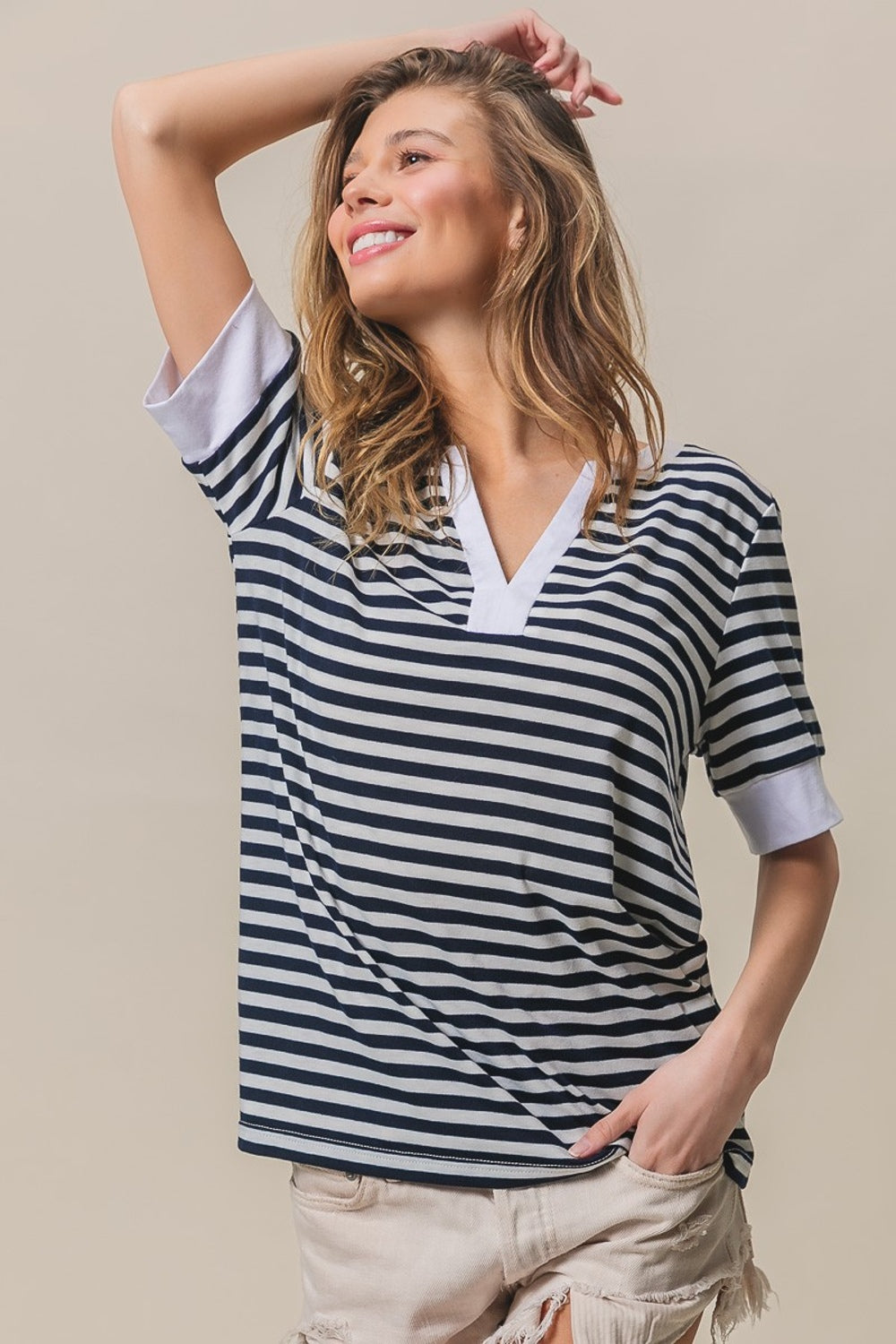 BiBi Contrast Striped Notched Knit Top BiBi Contrast Striped Notched Knit Top - TopFashionHQ