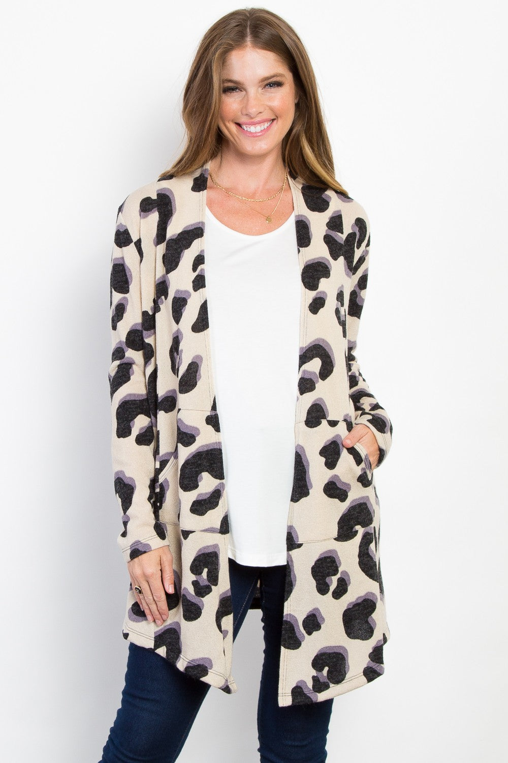 Be Stage Printed Open Front Knit Cardigan with Pockets Be Stage Printed Open Front Knit Cardigan with Pockets