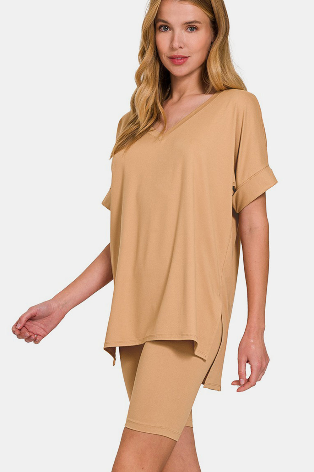 Zenana V-Neck Short Sleeve T-Shirt and Biker Shorts Set Zenana V-Neck Short Sleeve T-Shirt and Biker Shorts Set - TopFashionHQ