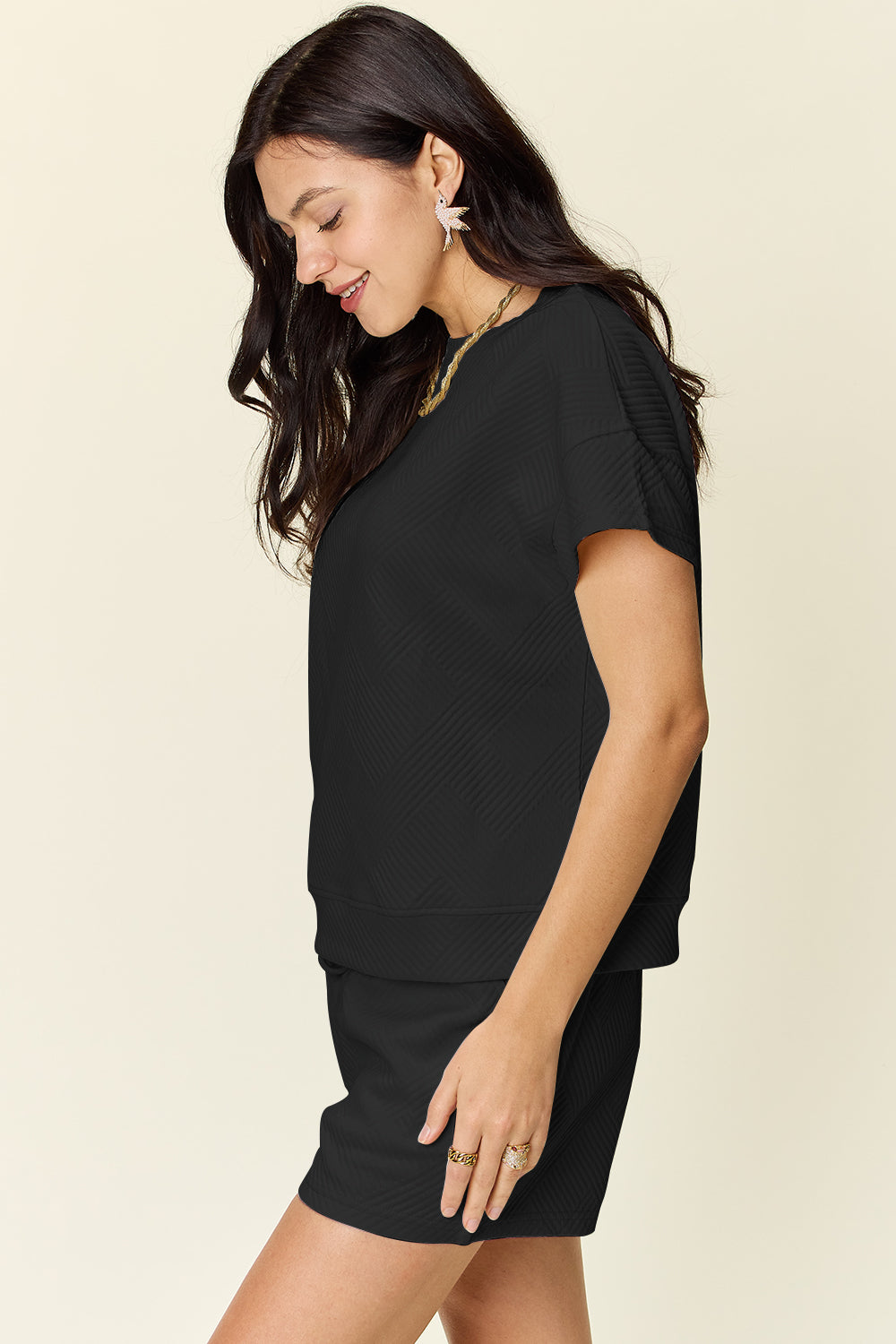 Double Take Full Size Texture Short Sleeve T-Shirt and Drawstring Shorts Set Double Take Full Size Texture Short Sleeve T-Shirt and Drawstring Shorts Set