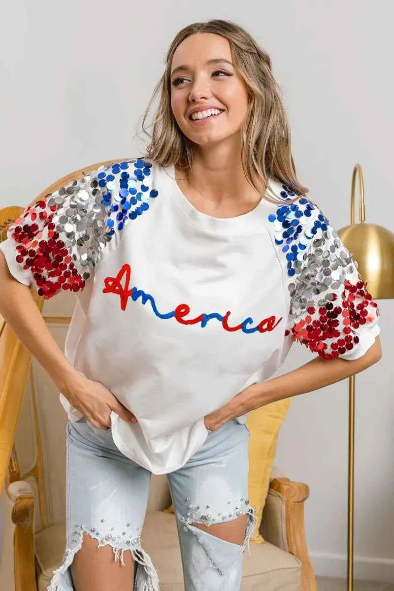 BiBi America Letter Applique Spangle Puff Sleeves Top BiBi America Letter Applique Spangle Puff Sleeves Top