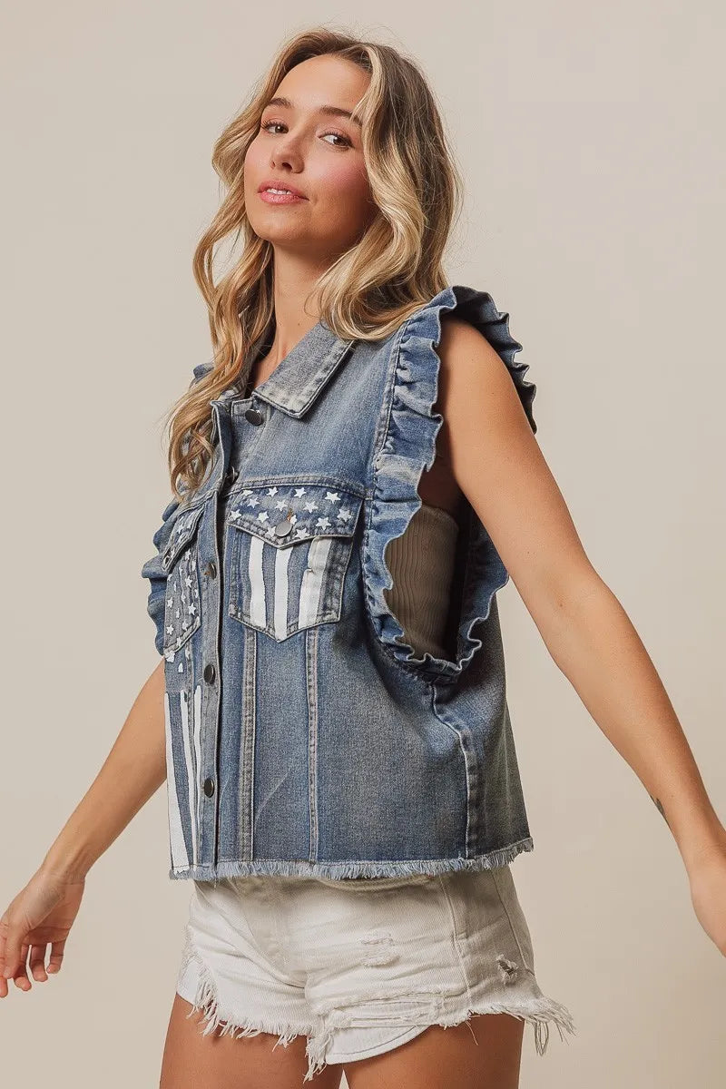 BiBi American Flag Washed Denim Jacket e7625bfa-6434-4fea-a8dd-1facc423ee94-Max
