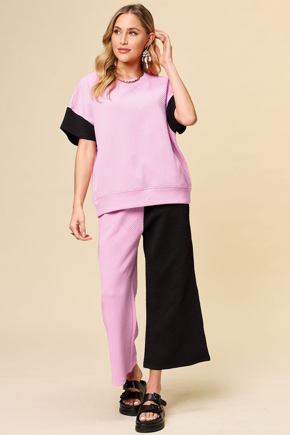 Double Take Full Size Texture Contrast T-Shirt and Wide Leg Pants Set Double Take Full Size Texture Contrast T-Shirt and Wide Leg Pants Set