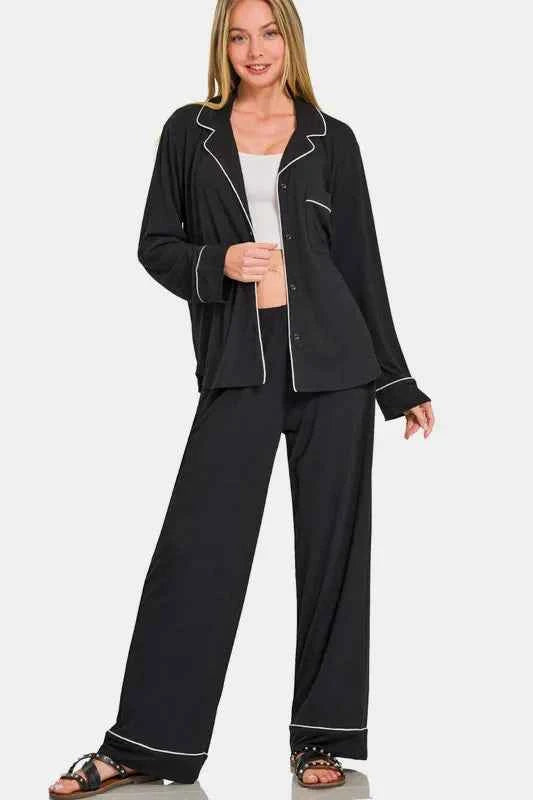 Zenana Button Down Long Sleeve Top and Pants Lounge Set Zenana Button Down Long Sleeve Top and Pants Lounge Set