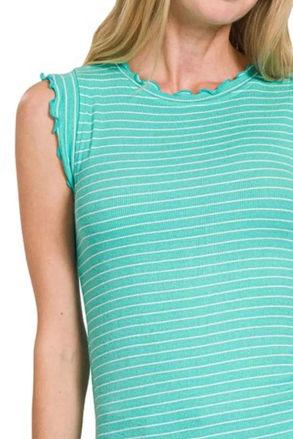 Zenana Ribbed Ruffle Trim Sleeveless Stripe Top Zenana Ribbed Ruffle Trim Sleeveless Stripe Top