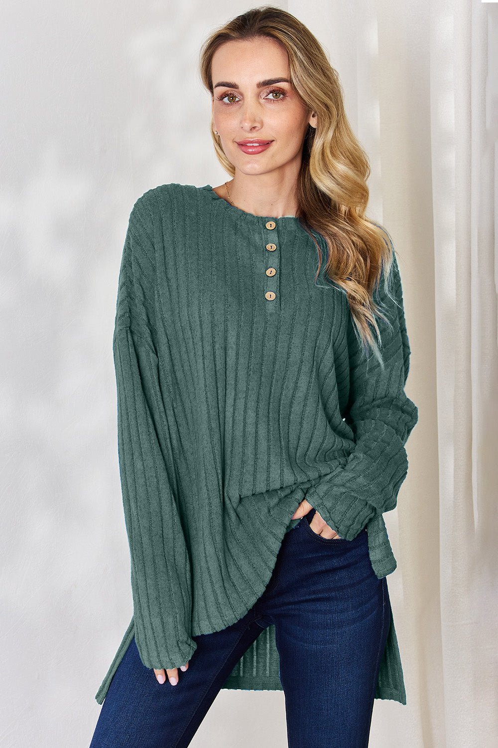 Basic Bae Full Size Ribbed Half Button Long Sleeve High-Low T-Shirt Basic Bae Full Size Ribbed Half Button Long Sleeve High-Low T-Shirt - TopFashionHQ