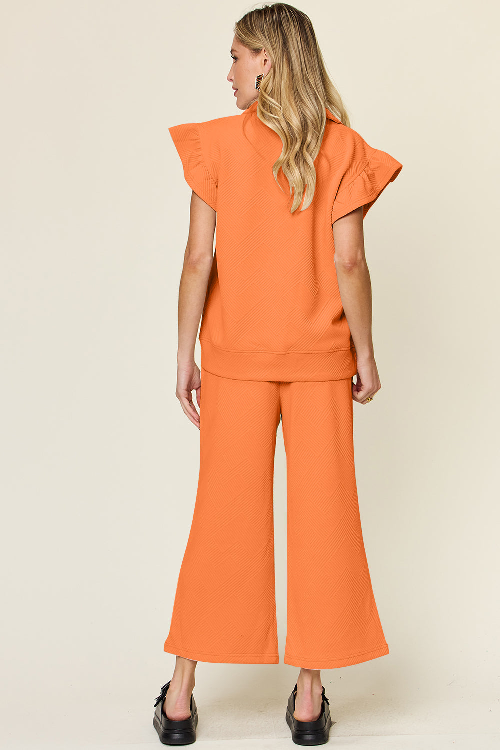 Double Take Texture Ruffle Short Sleeve Top and Drawstring Wide Leg Pants Set Double Take Texture Ruffle Short Sleeve Top and Drawstring Wide Leg Pants Set