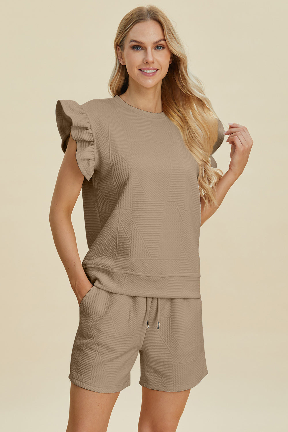 Double Take Full Size Texture Round Neck Ruffle Sleeve Top and Shorts Set Double Take Full Size Texture Round Neck Ruffle Sleeve Top and Shorts Set