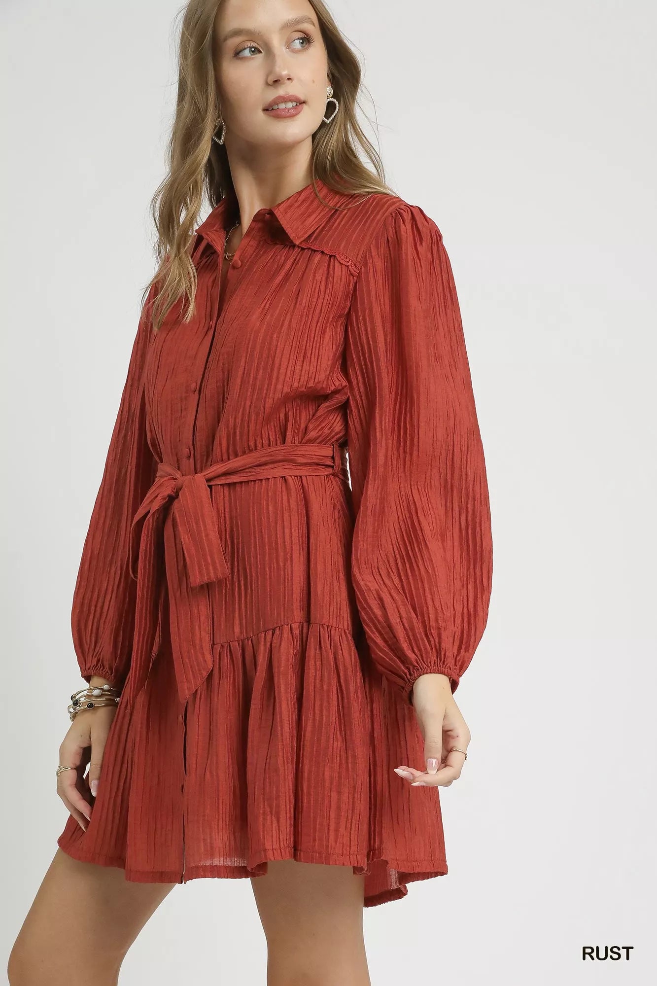 Umgee Crinkle Button-Front Tiered Mini Dress with Waist Tie e80ff68a-947d-42bb-ab86-6b31dc580850-Max-Origin