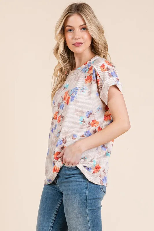BOMBOM Floral Round Neck RIbbed T-Shirt e81f47e851394cdab951a19edfb3d148-Max-Origin