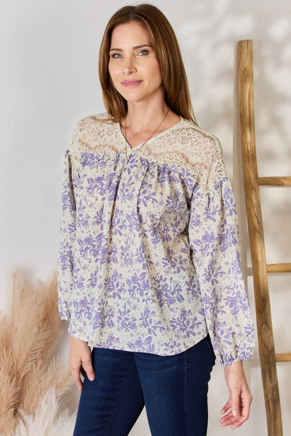 Hailey & Co Full Size Lace Detail Printed Blouse Hailey & Co Full Size Lace Detail Printed Blouse - TopFashionHQ