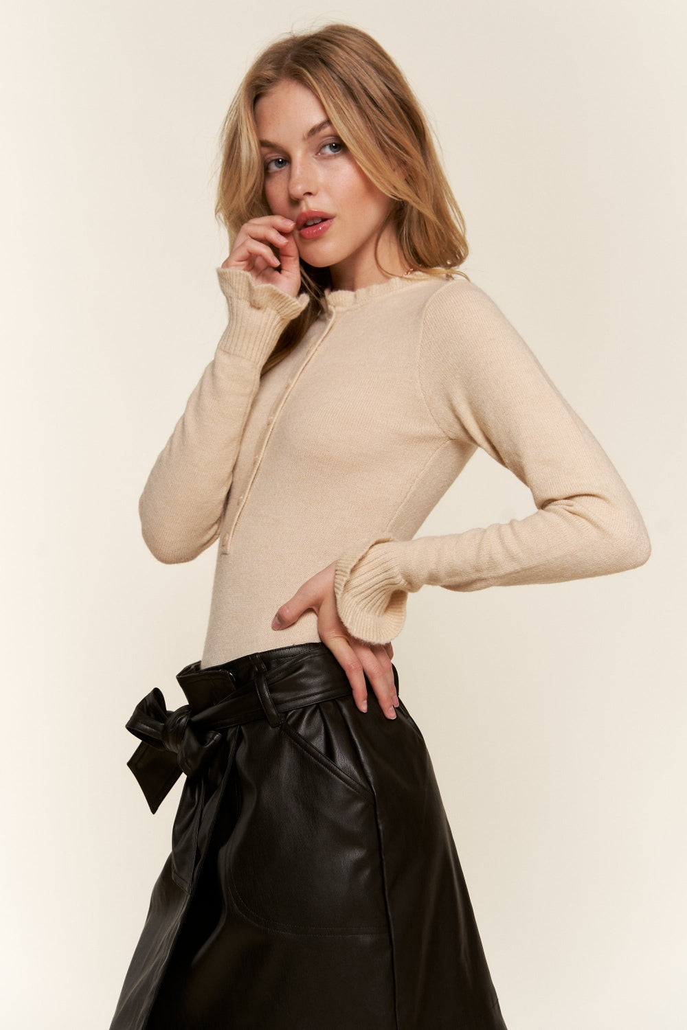 And The Why Half Button Round Neck Long Sleeve Bodysuit And The Why Half Button Round Neck Long Sleeve Bodysuit - TopFashionHQ