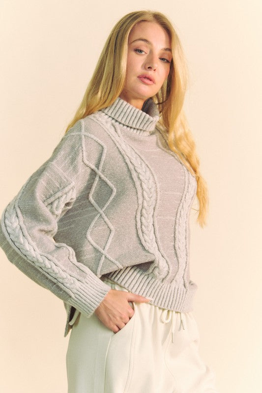 Davi & Dani Cable-Knit Turtleneck Dropped Shoulder Sweater Davi & Dani Cable-Knit Turtleneck Dropped Shoulder Sweater