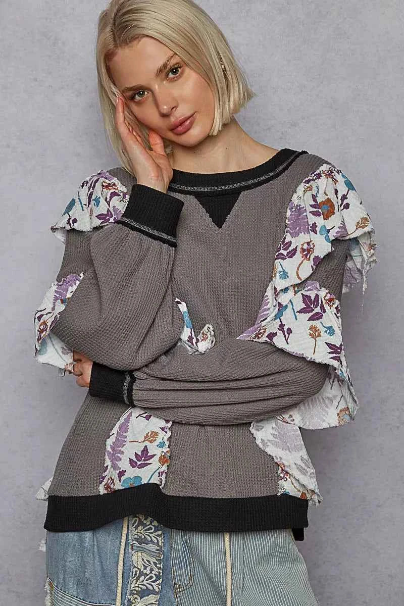 POL Round Neck Sweater with Floral Ruffle Detail POL Round Neck Sweater with Floral Ruffle Detail