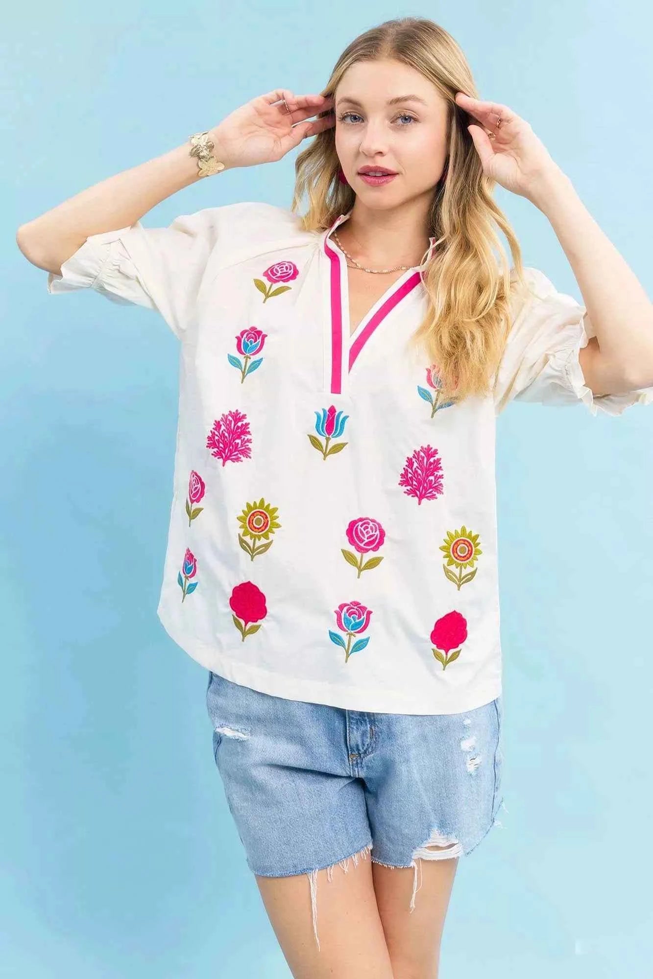 Umgee Embroidered Floral Top with Contrast Trim Umgee Embroidered Floral Top with Contrast Trim