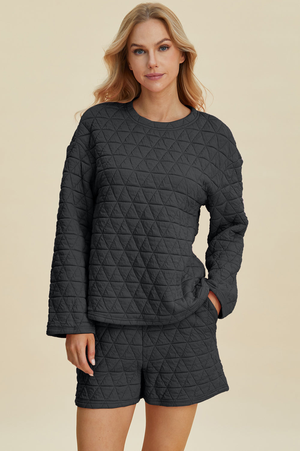 Double Take Full Size Texture Round Neck Long Sleeve Top and Shorts Set Double Take Full Size Texture Round Neck Long Sleeve Top and Shorts Set