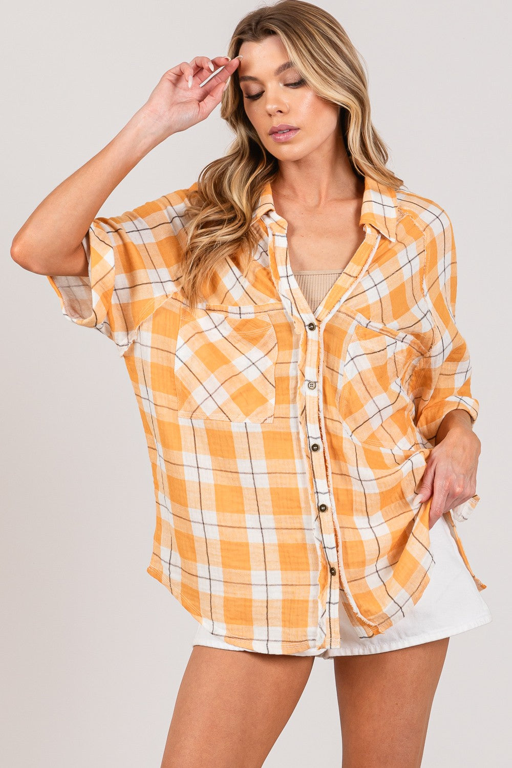 SAGE + FIG Plaid Button Up Side Slit Shirt SAGE + FIG Plaid Button Up Side Slit Shirt - TopFashionHQ