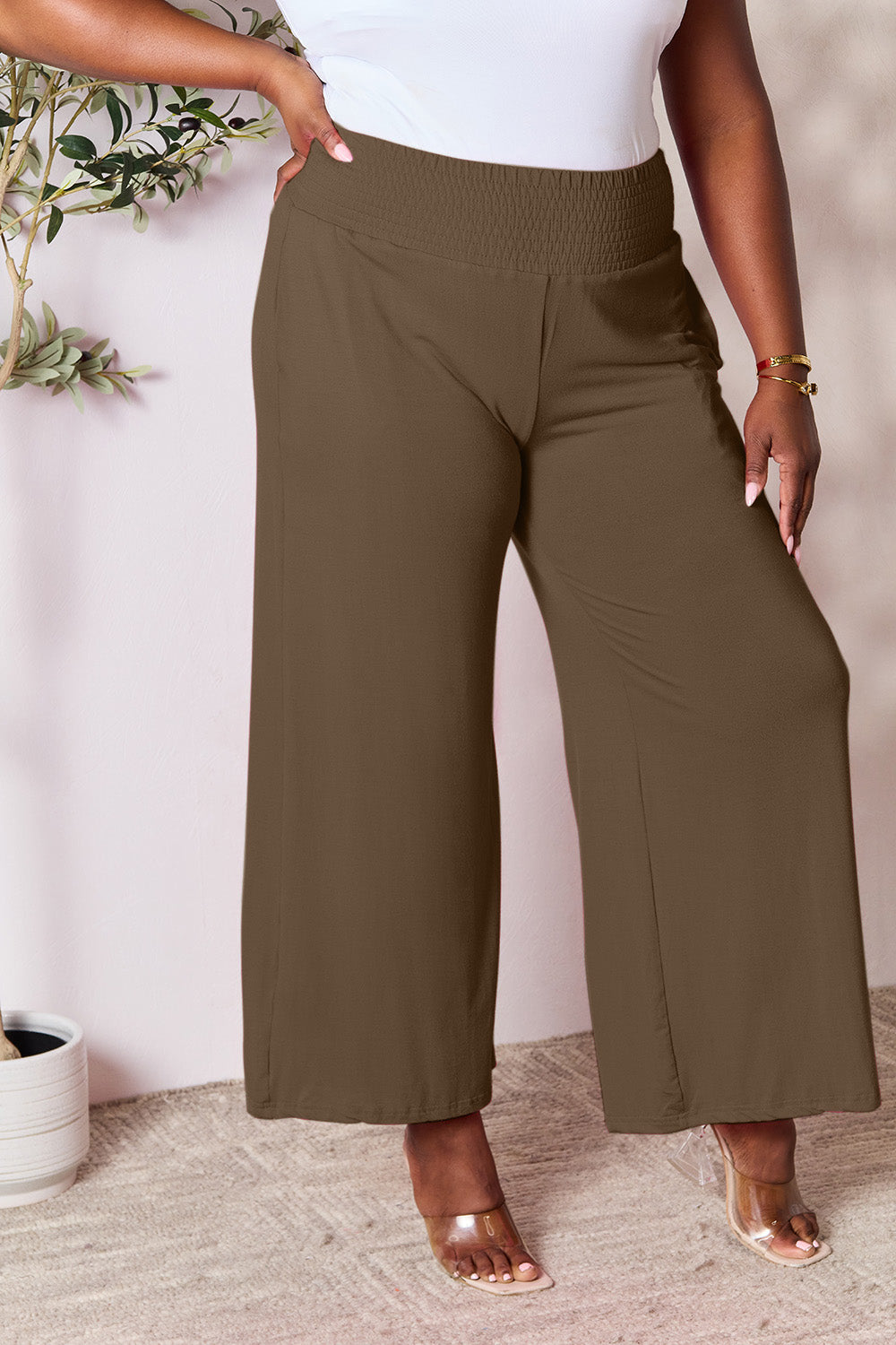 Double Take Full Size Smocked Wide Waistband Wide Leg Pants Double Take Full Size Smocked Wide Waistband Wide Leg Pants - TopFashionHQ