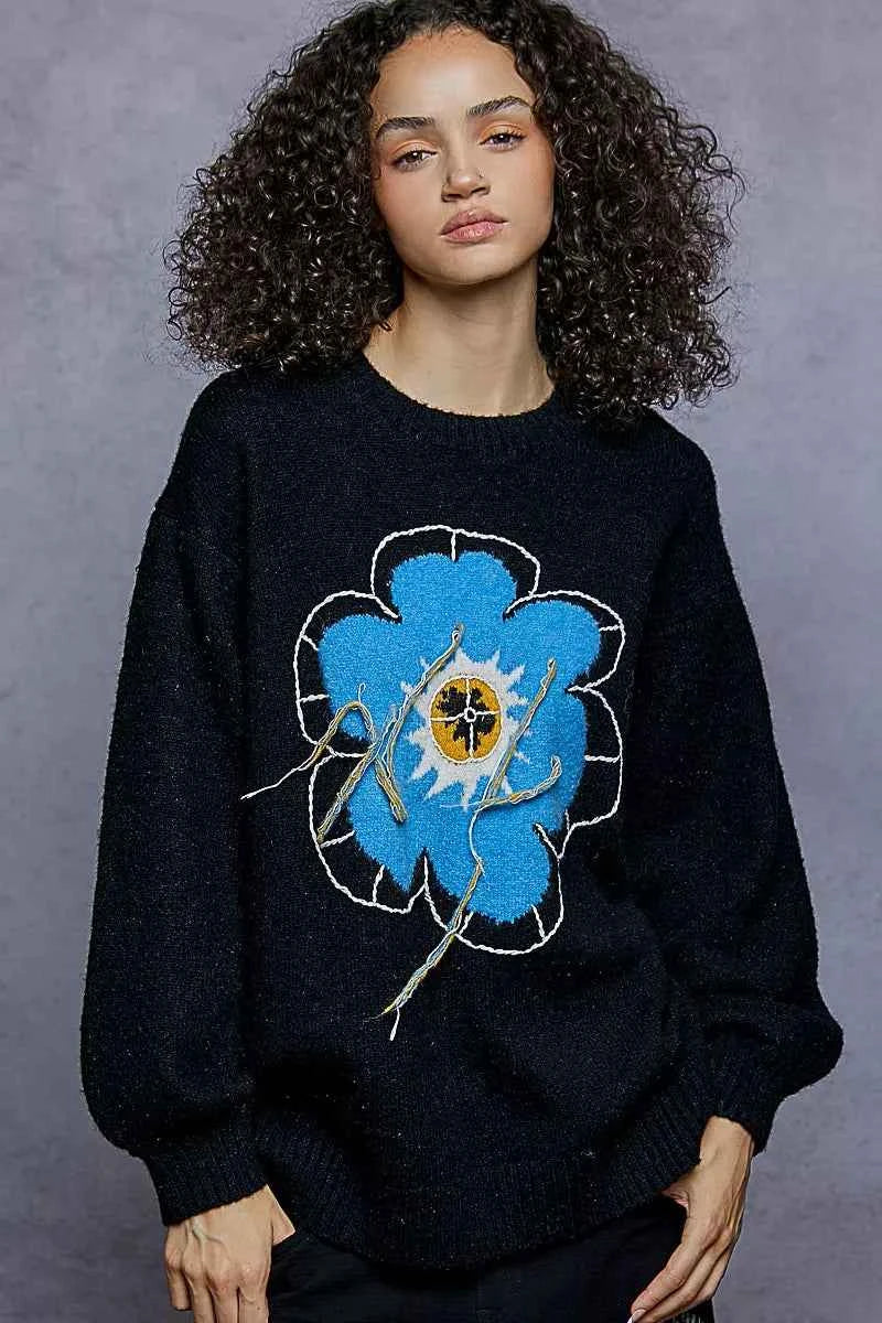 POL Floral Pattern Round Neck Sweater with Exposed Stitching POL Floral Pattern Round Neck Sweater with Exposed Stitching