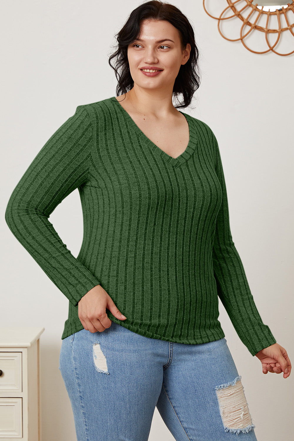 Basic Bae Full Size Ribbed V-Neck Long Sleeve T-Shirt Basic Bae Full Size Ribbed V-Neck Long Sleeve T-Shirt - TopFashionHQ