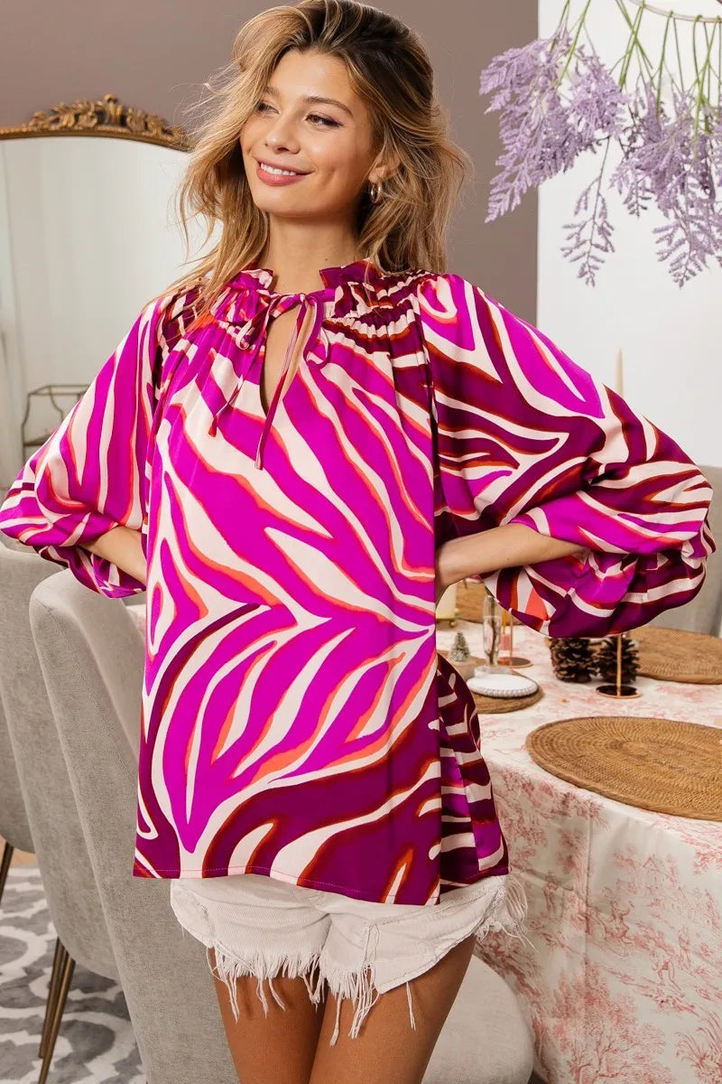BiBi Tied Neck Half Balloon Sleeve Zebra Satin Top e967a331d58949d99e64ecf0f297a4c6-Max-Origin