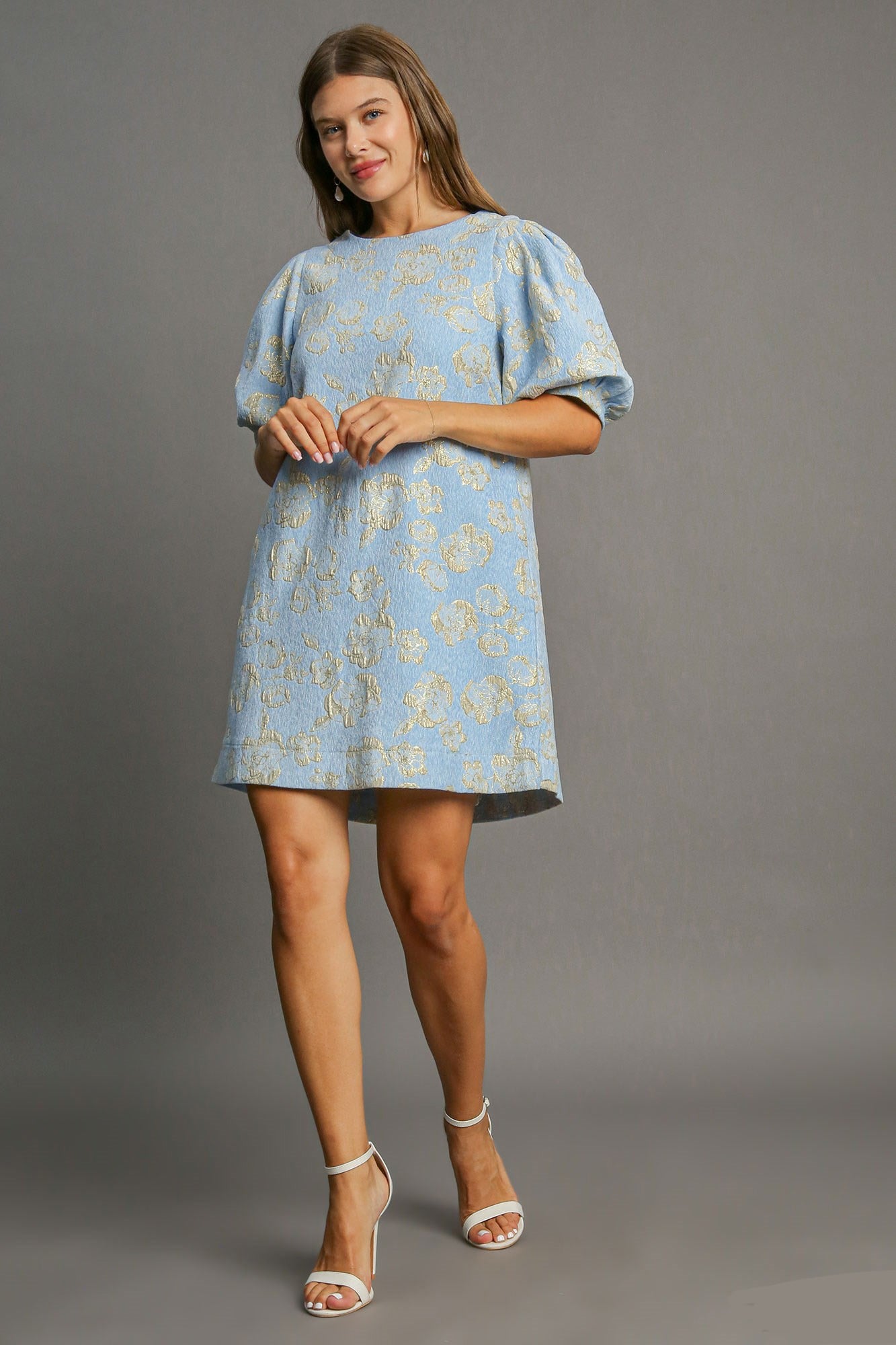 Umgee Floral Jacquard Puff Sleeve Mini Dress Umgee Floral Jacquard Puff Sleeve Mini Dress - TopFashionHQ