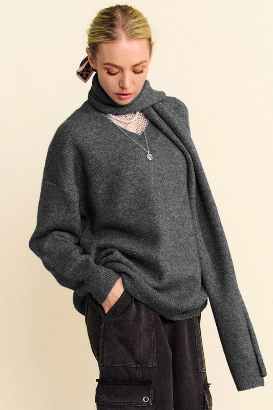 Davi & Dani V-Neck Dropped Shoulder Sweater with Scarf Set Davi & Dani V-Neck Dropped Shoulder Sweater with Scarf Set