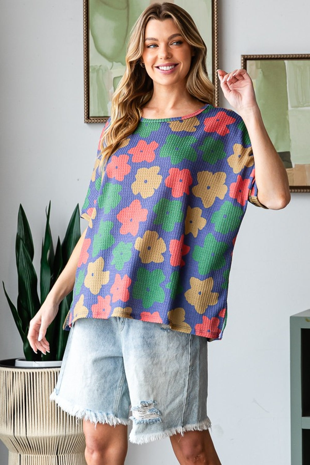 HOPELY Full Size Floral Round Neck Side Slit T-Shirt HOPELY Full Size Floral Round Neck Side Slit T-Shirt - TopFashionHQ