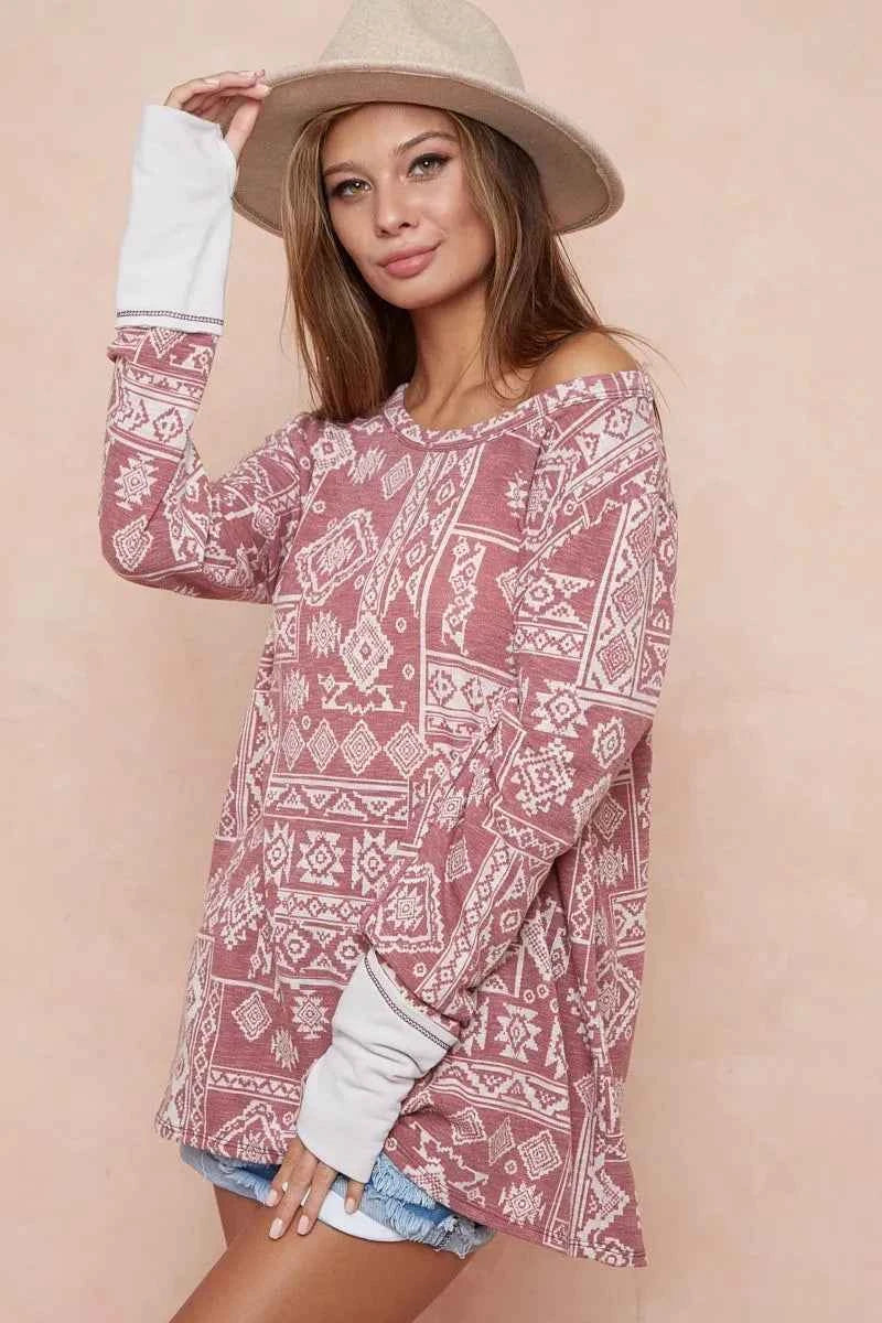 BiBi Aztec Print French Terry Top with Thumb Opening BiBi Aztec Print French Terry Top with Thumb Opening