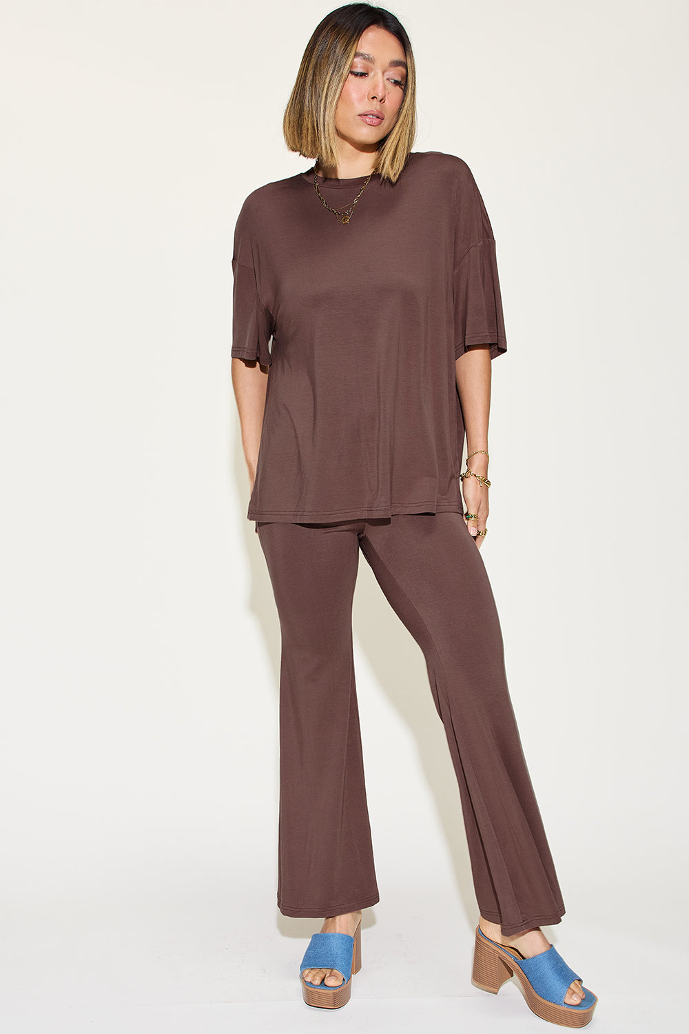 Basic Bae Full Size Bamboo Drop Shoulder T-Shirt and Flare Pants Set Basic Bae Full Size Bamboo Drop Shoulder T-Shirt and Flare Pants Set