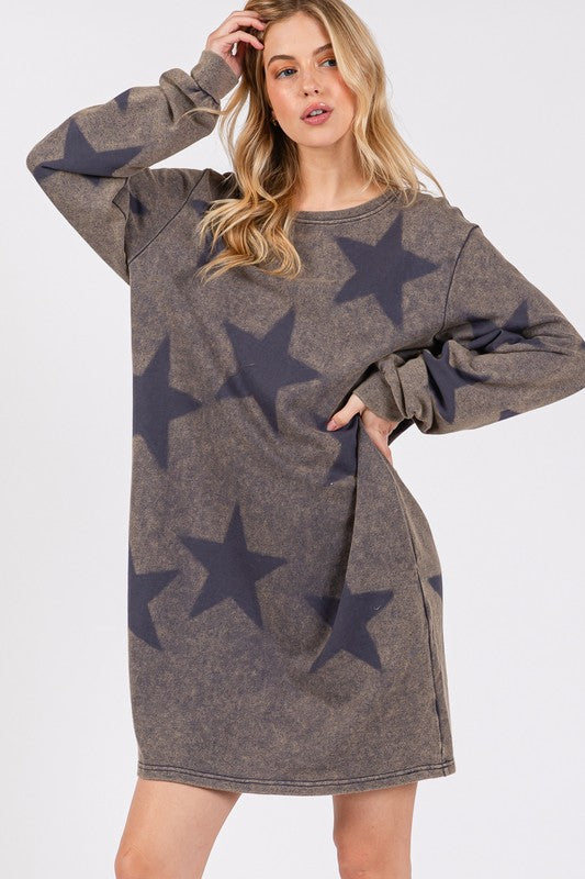 SAGE + FIG Washed Star Print Round Neck Dress SAGE + FIG Washed Star Print Round Neck Dress - TopFashionHQ