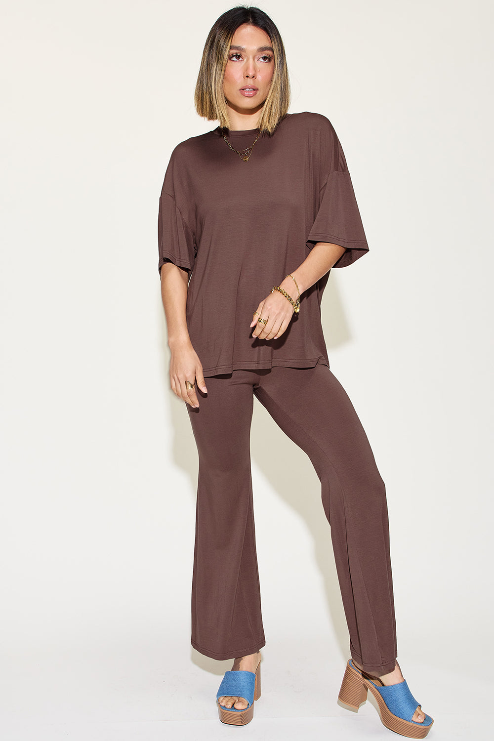 Basic Bae Full Size Bamboo Drop Shoulder T-Shirt and Flare Pants Set Basic Bae Full Size Bamboo Drop Shoulder T-Shirt and Flare Pants Set