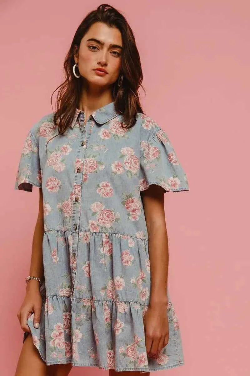 BiBi Floral Print Washed Lightweight Tiered Shirt Dress BiBi Floral Print Washed Lightweight Tiered Shirt Dress